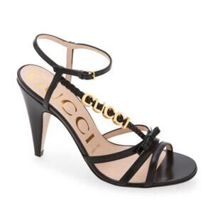 Gucci April Logo Ankle Strap Sandal Heel Nero Black Leather Size 38